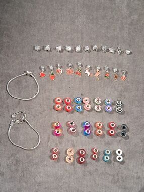 Large Lot 2 Silver Tone Bracelets + 60 Silver Tone & Plastic Charm Beads NEW